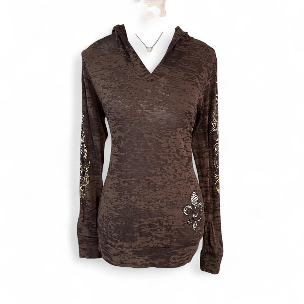 Y2K Sheer 2000s Brown rhinestone fleur de lis long sleeve top hood Mcbling large - Picture 2 of 7